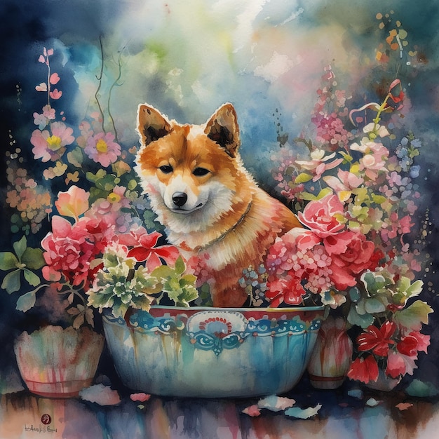 A painting of a dog in a tub of flowers.