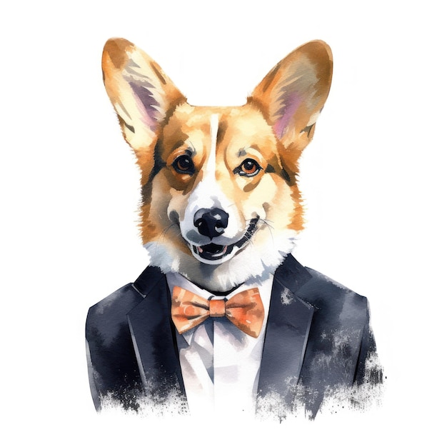 A painting of a dog in a tuxedo that says corgi.