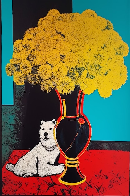 A painting of a dog and a vase with yellow flowers.