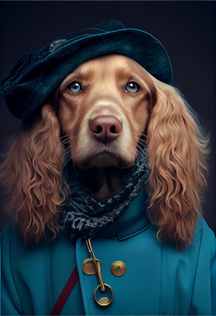 A painting of a dog wearing a blue coat and a hat.