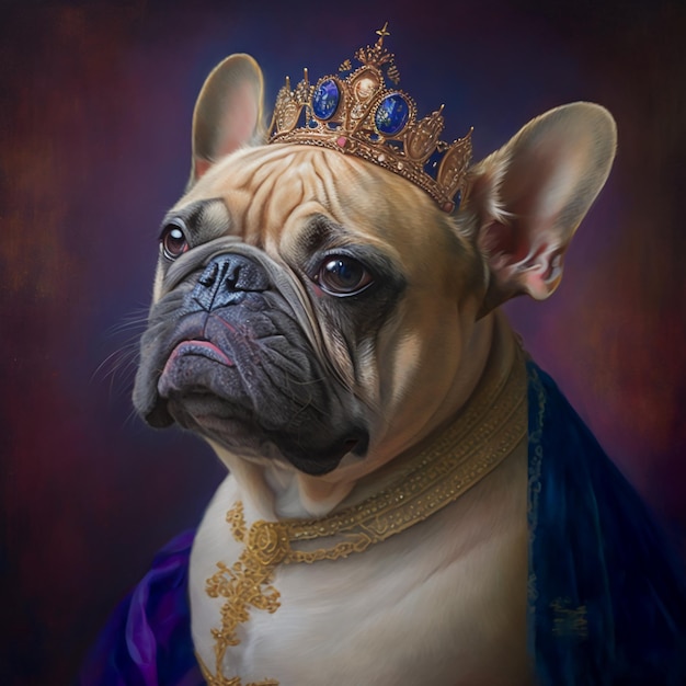 A painting of a dog wearing a crown.