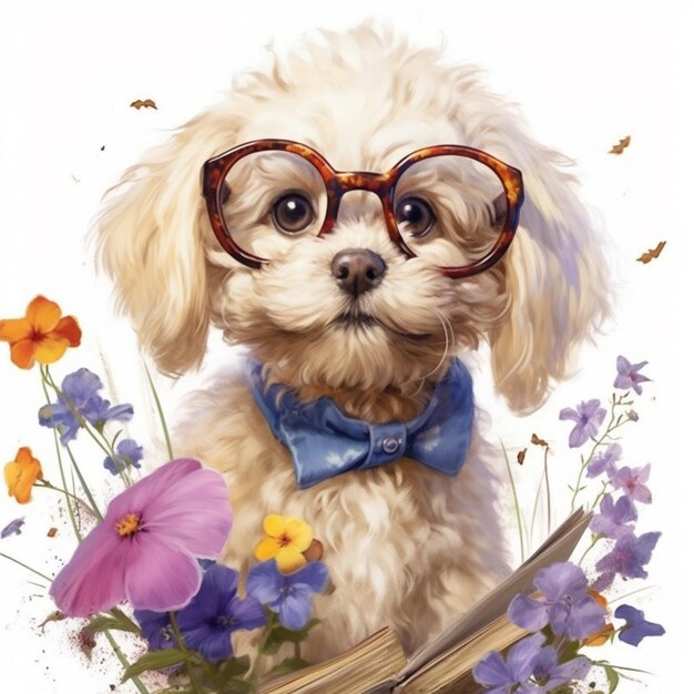 Painting of a dog wearing glasses and a bow tie with flowers generative ai