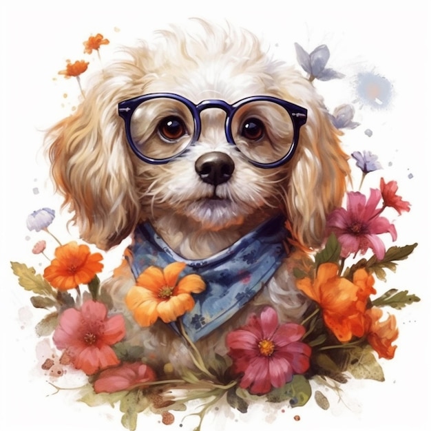 Painting of a dog wearing glasses and a scarf with flowers generative ai