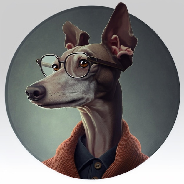 Foto dipinto di un cane con gli occhiali e un maglione generativo ai