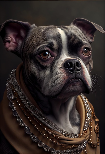 A painting of a dog wearing a gold jacket with diamonds on it.