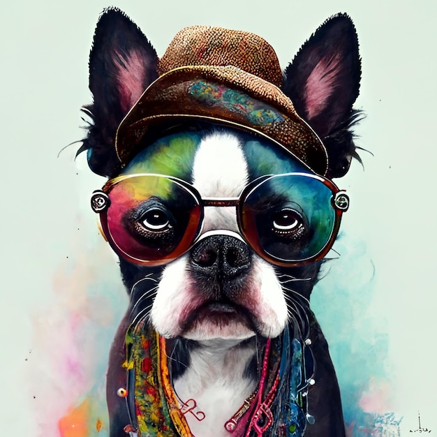 Painting of a dog wearing a hat and sunglasses generative ai