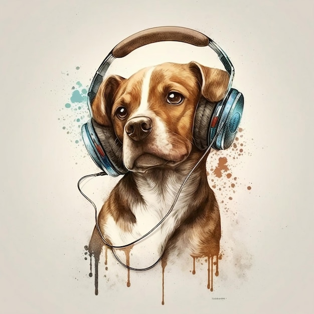 A painting of a dog wearing headphones and a headphone.