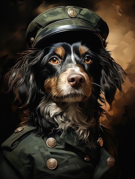 A painting of a dog wearing a military uniform