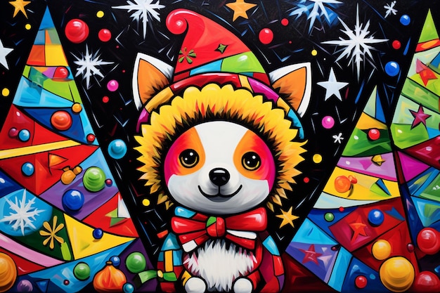 Painting of a dog wearing a santa hat and a red bow generative ai