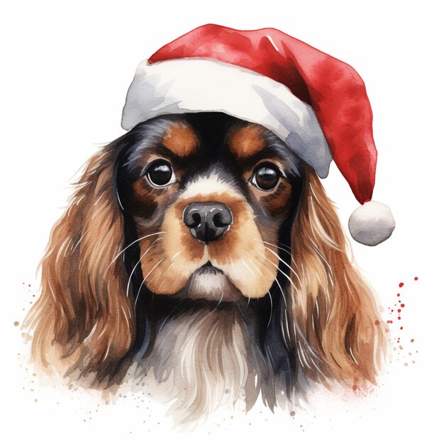 painting of a dog wearing a santa hat on a white background generative ai