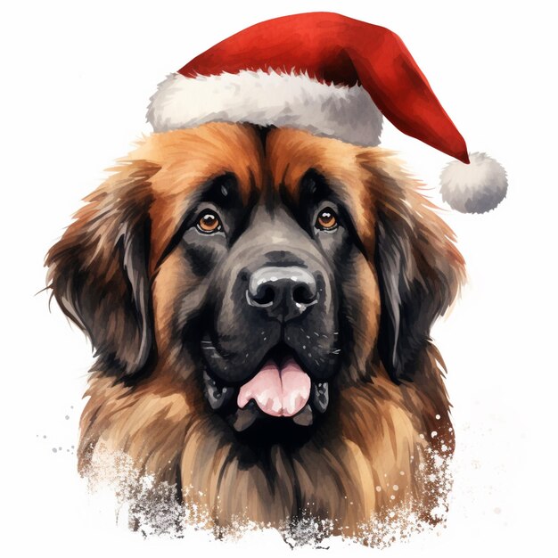 Photo painting of a dog wearing a santa hat with its tongue out generative ai