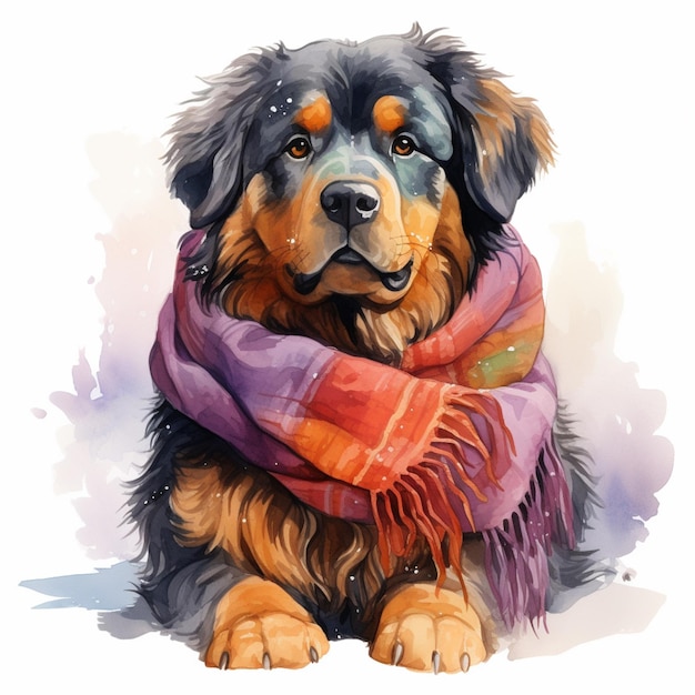 Photo painting of a dog wearing a scarf and a scarf around its neck generative ai