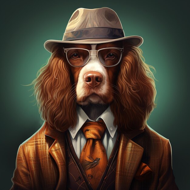 painting of a dog wearing a suit and tie with a hat generative ai