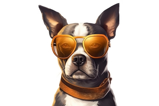 A painting of a dog wearing sunglasses that say'boston terrier'on it