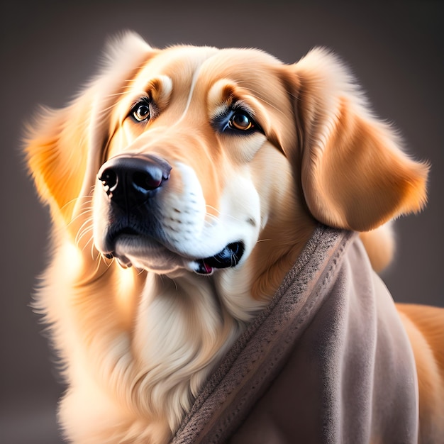 A painting of a dog wearing a sweater that says golden retriever.