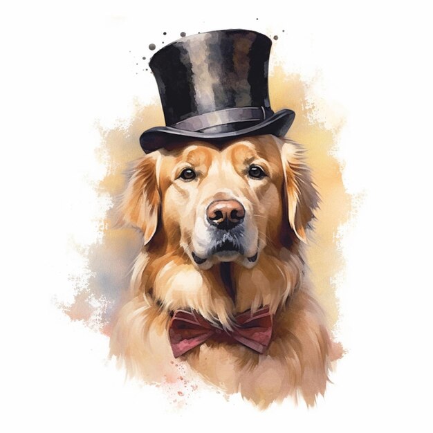 Картина собаки в верхней шляпе и галстуке-бабочке