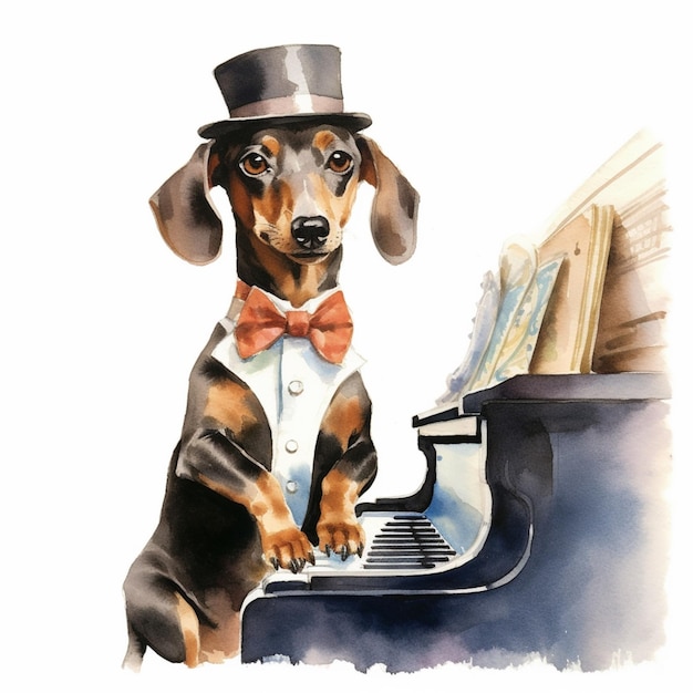 Foto dipinto di un cane che indossa un cappello a cilindro e un papillon seduto a un pianoforte generativo ai