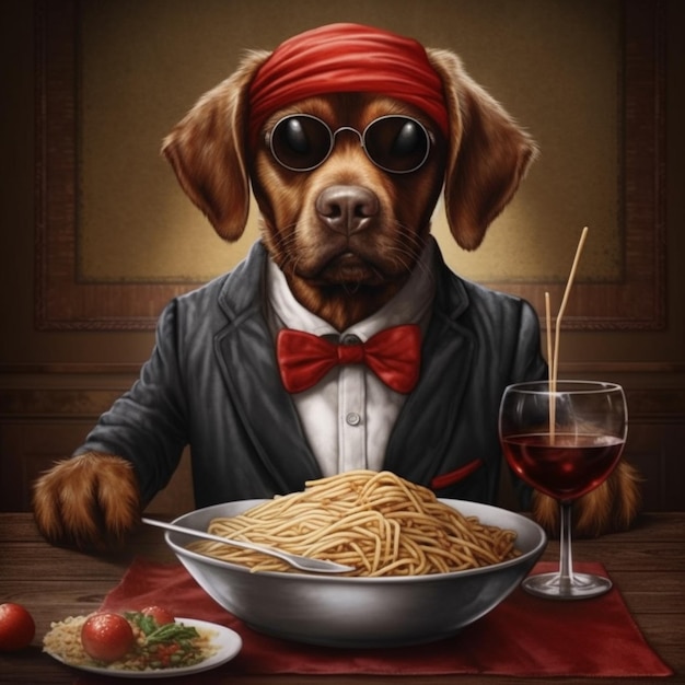 Foto dipinto di un cane che indossa uno smoking e una bandana rossa ai generative