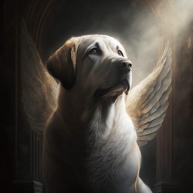 A painting of a dog with angel wings.