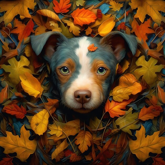 Photo a painting of a dog with autumn leaves on it