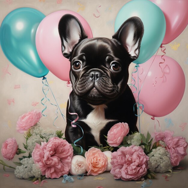 painting of a dog with balloons and flowers in front of a wall generative ai