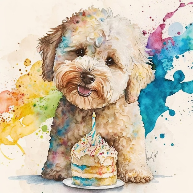 Photo painting of a dog with a birthday cake on a plate generative ai