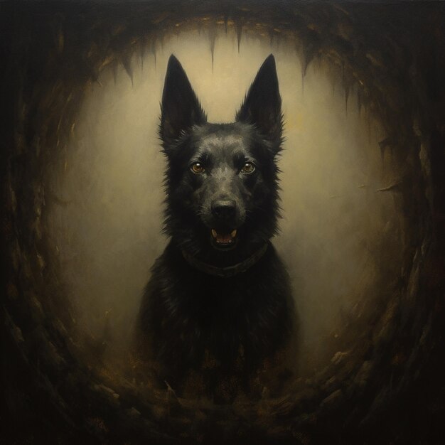 Photo painting of a dog with a black coat and a collar generative ai