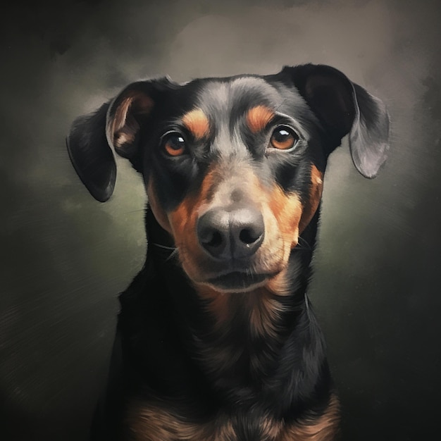 painting of a dog with a black and tan face and brown eyes generative ai