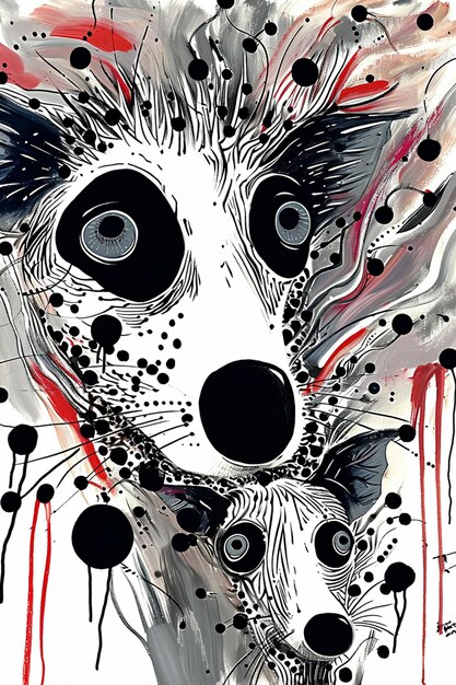 painting of a dog with a black and white face and red paint splatters generative ai