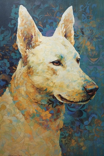 A painting of a dog with a blue background and the words " dog " on the front.