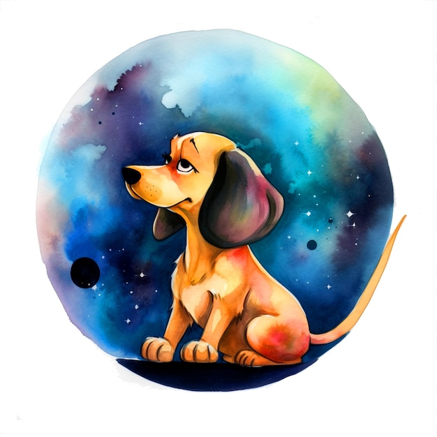 A painting of a dog with a blue circle in the background