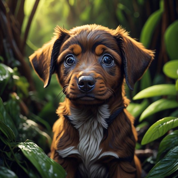 A painting of a dog with blue eyes sits in the jungle.