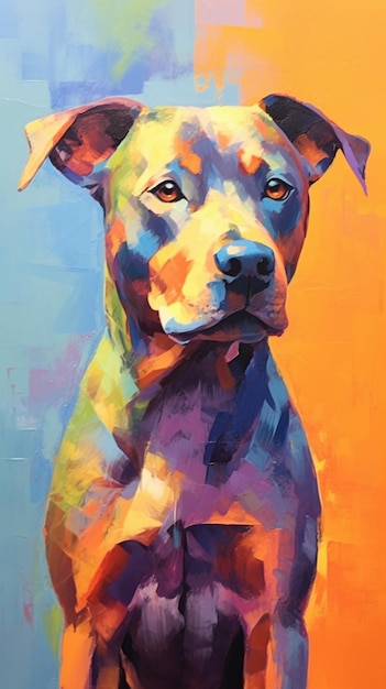파란색과 노란색 배경의 강아지 그림.