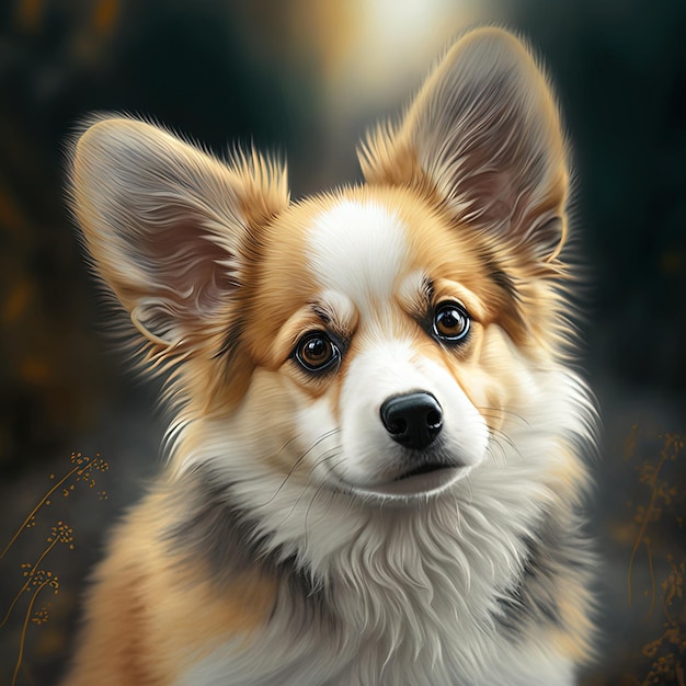 A painting of a dog with a brown and white coat.
