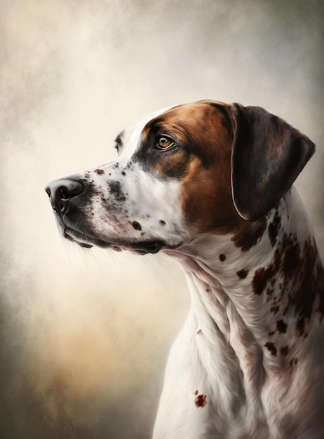 A painting of a dog with a brown and white face and brown spots.