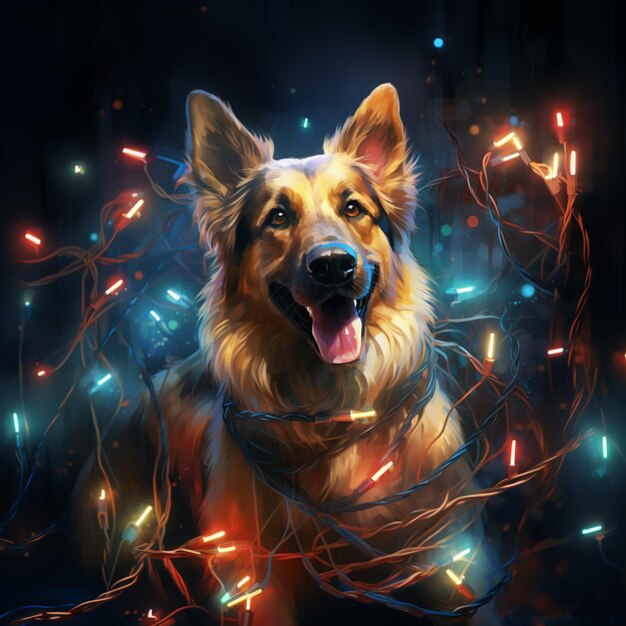 クリスマスライトの花束を飾った犬の絵 ジェネレーティブ・アイ