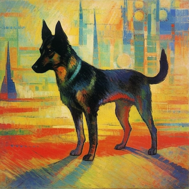 Foto un dipinto di un cane con una città sullo sfondo.