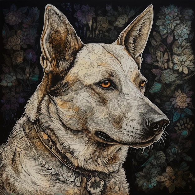 painting of a dog with a collar and collar around its neck generative ai