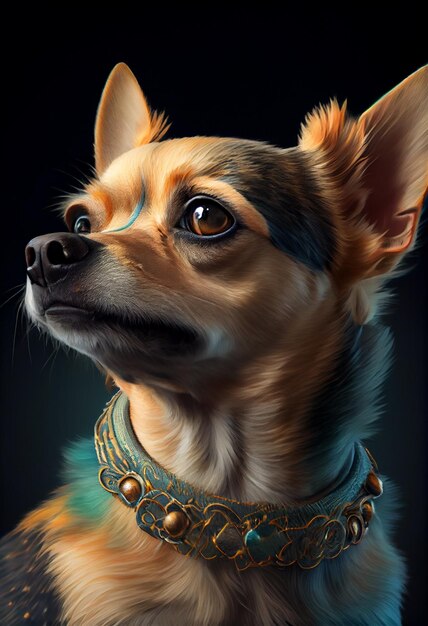 A painting of a dog with a collar and a necklace.