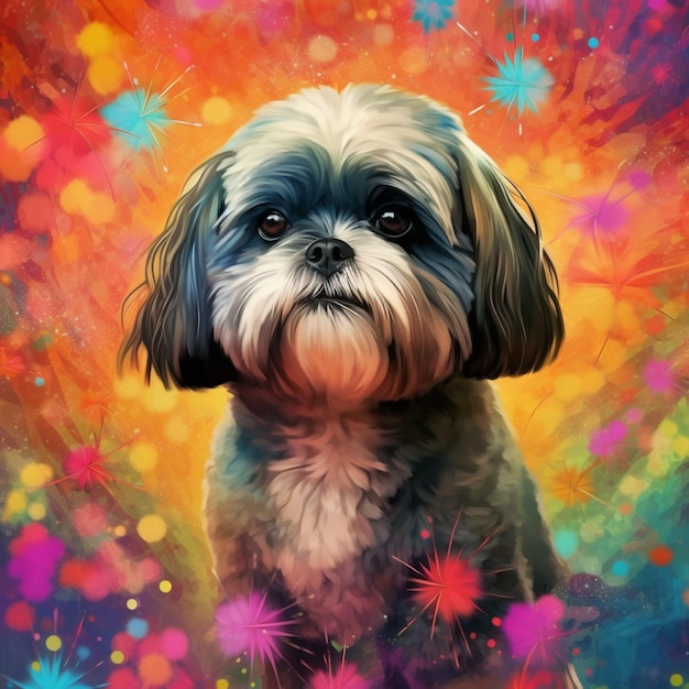 painting of a dog with a colorful background and stars generative ai