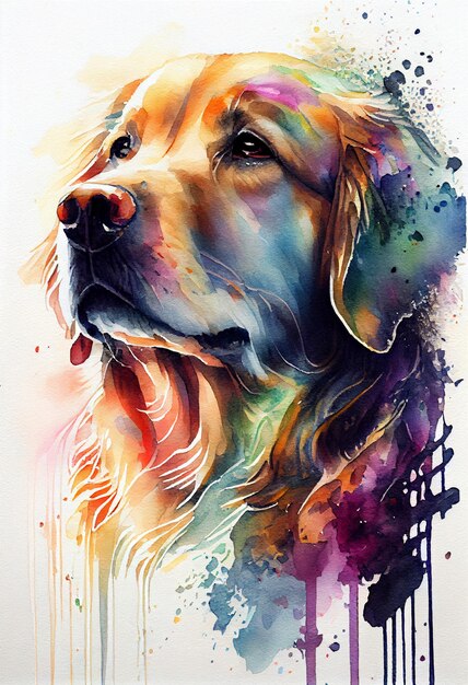 painting of a dog with a colorful face and a splattered background generative ai