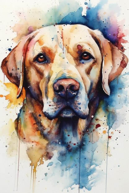 painting of a dog with a colorful face and watercolor splashs generative ai