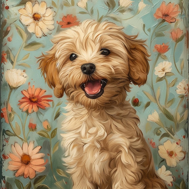 painting of a dog with a flowered background and a blue background generative ai