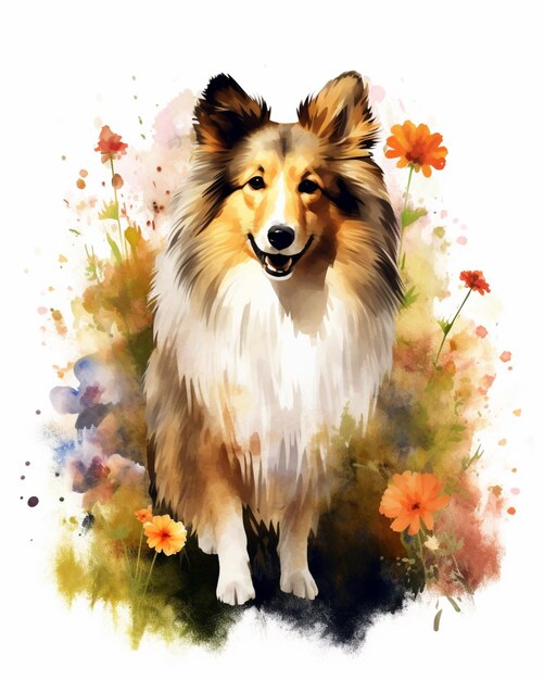 Painting of a dog with a flowered background generative ai