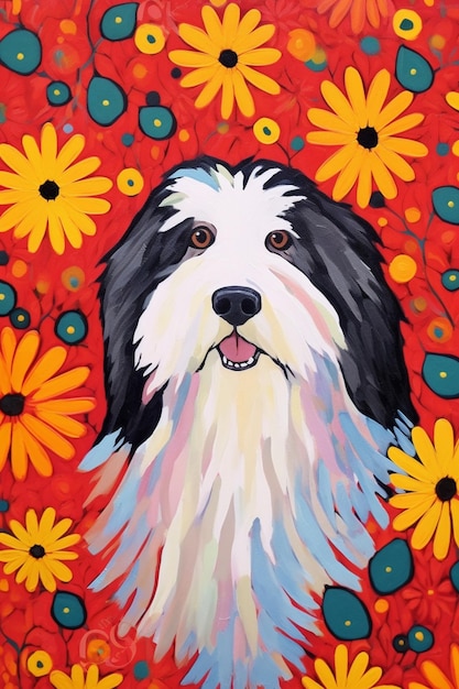 Painting of a dog with a flowered background and a red background generative ai