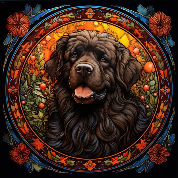 Photo painting of a dog with a flowered frame in the center generative ai