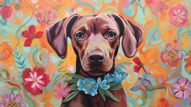 A painting of a dog with flowers around his neck