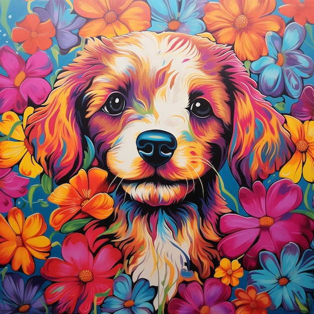 Painting of a dog with flowers on a blue background generative ai