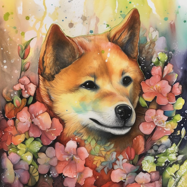 A painting of a dog with flowers on it