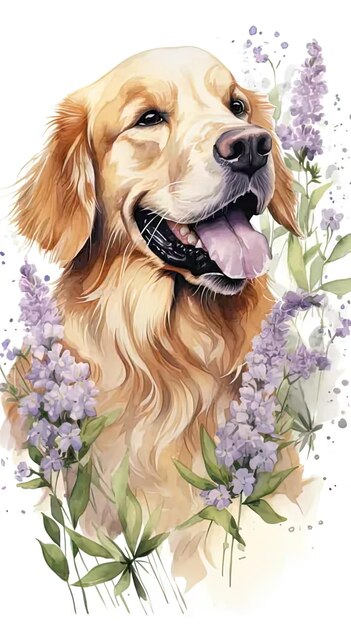 a painting of a dog with flowers in its mouth